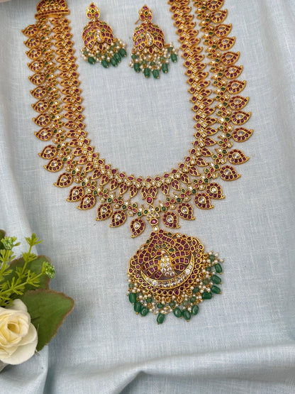 Grand Antique Mango Kemp Stone Mid Long Necklace Set 0211 - Mahilas