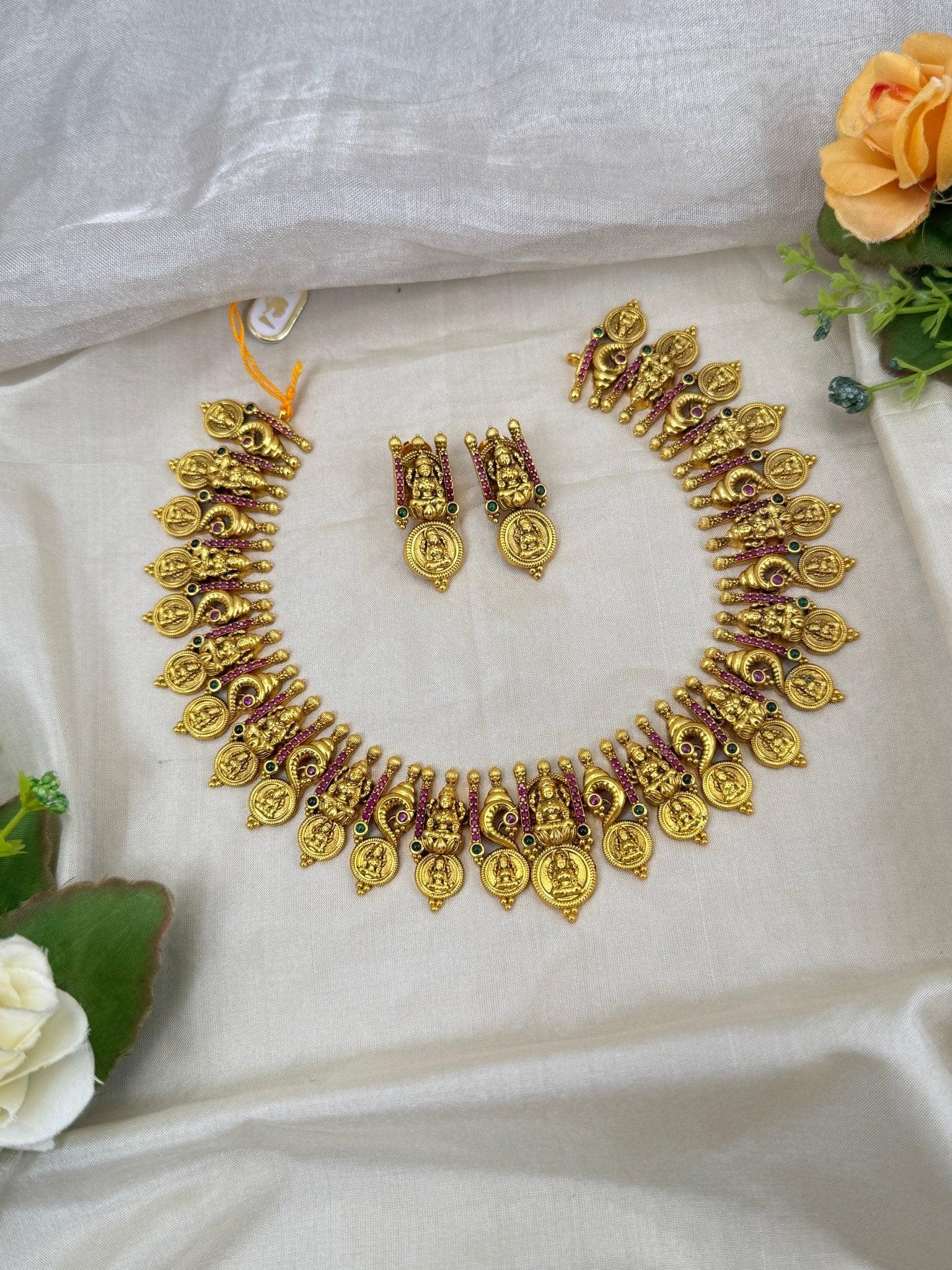 Grand Antique Peacock Kaasu Statement Short Necklace Set 0240 - Mahilas