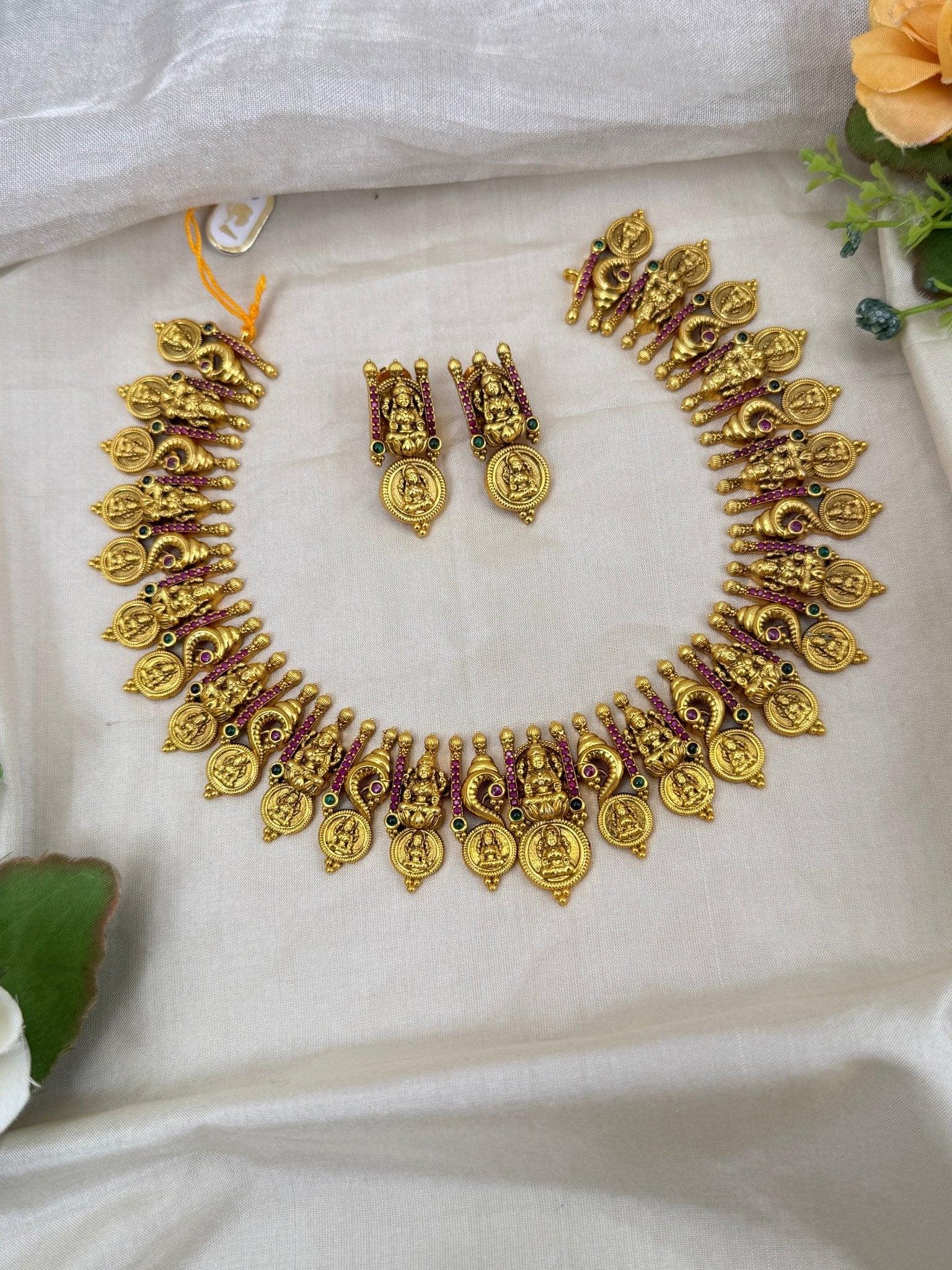 Grand Antique Peacock Kaasu Statement Short Necklace Set 0240 - Mahilas