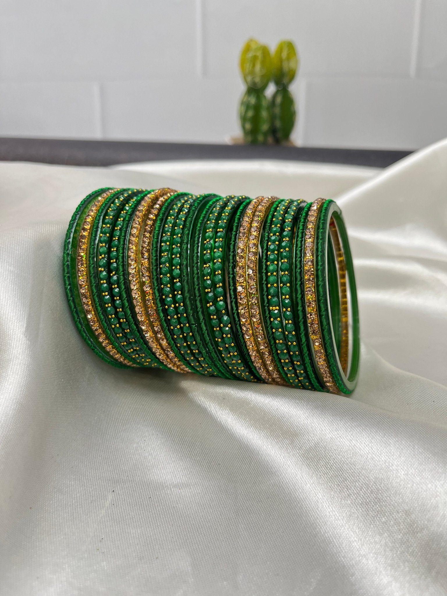 Green & Gold Glass and Stone Bangle Set 5049 - Mahilas