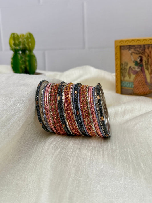 Greyish Blue And Soft Pink Metal & Stone Bangle Set - 5148 - Mahilas