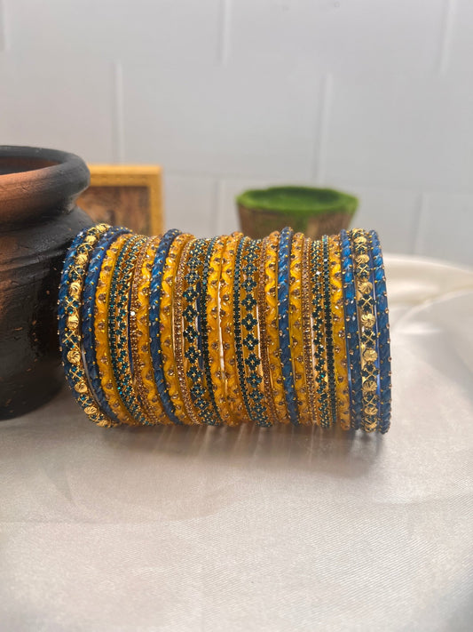 Haldi Yellow & Blue Stone & Glass Bridal Bangle Set 5030 - Mahilas