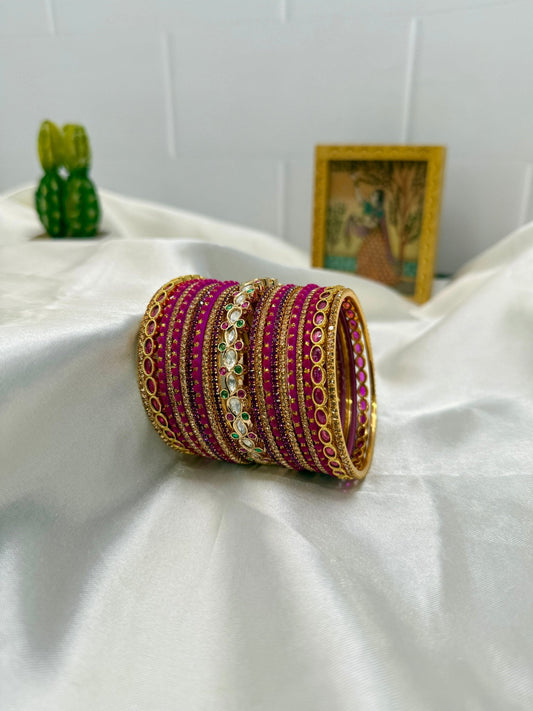 Hot Pink and Gold Jadau Kundan Bridal Premium Bangle Set 5071 - Mahilas