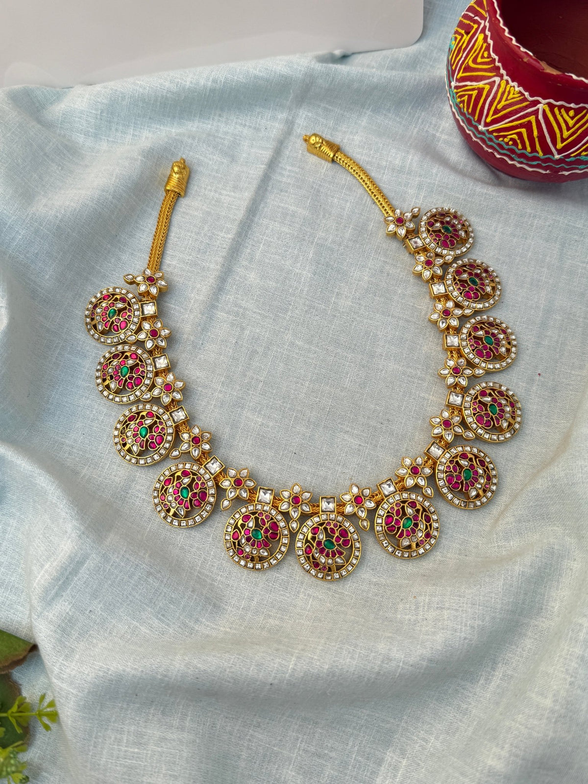 Jadau Kundan Bottumala Necklace Short Premium Set N0409 - Mahilas