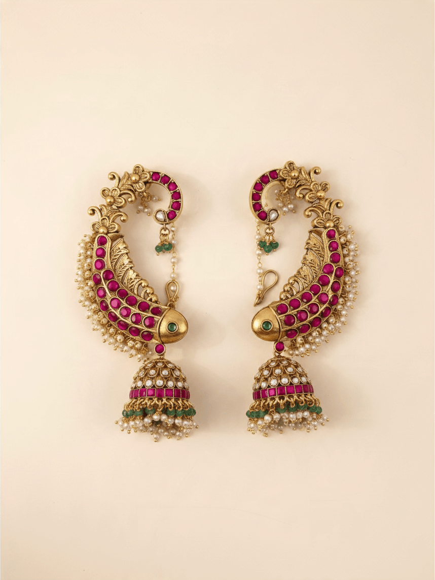 Jadau Kundan Fish Shaped Earrcuff Earrings| E0695 - Mahilas