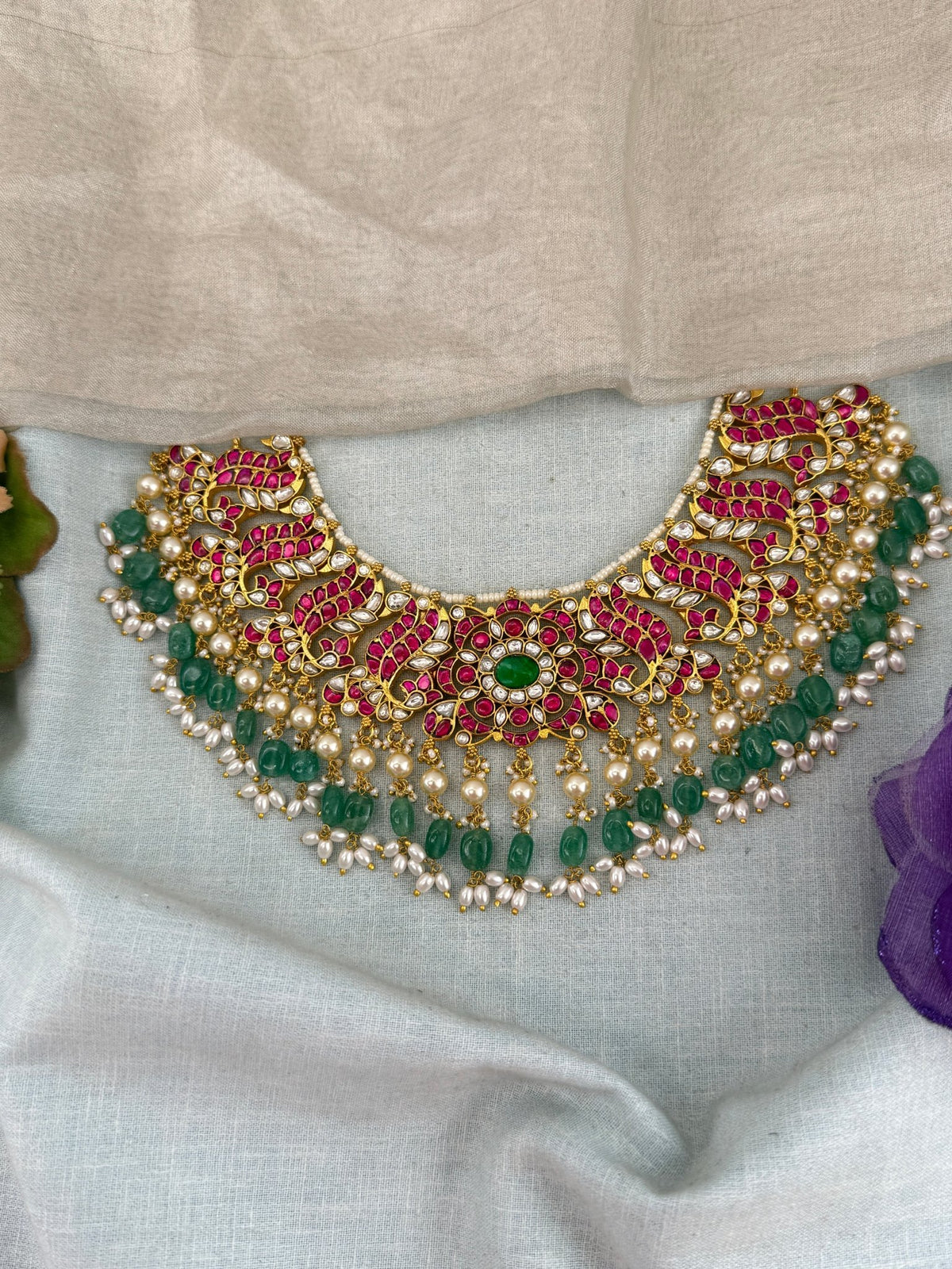 Jadau Kundan Grand Peacock Design Short Necklace Set | 102 - Mahilas