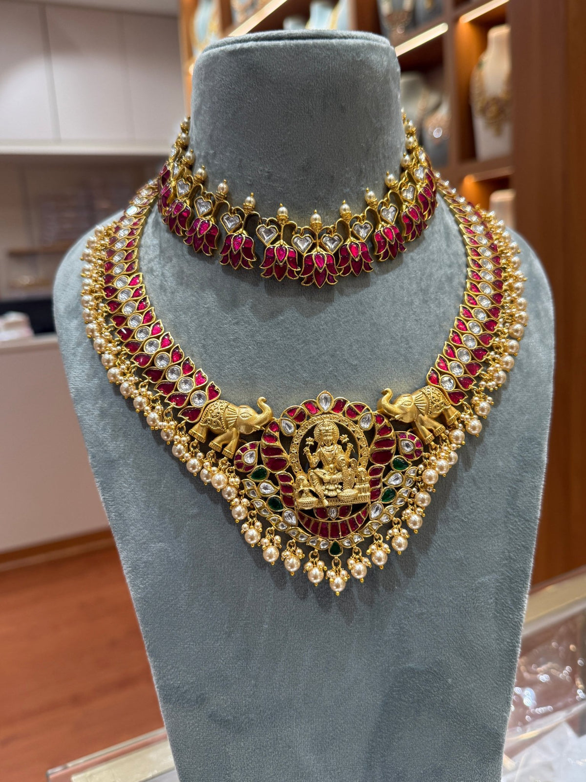 Jadau Kundan Lotus Gajalakshmi Full Necklace Set | NC003 - Mahilas