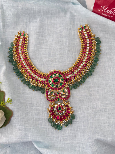 Jadau Kundan Moon Shaped Necklace Peacock Pendant Premium | N1177 - Mahilas
