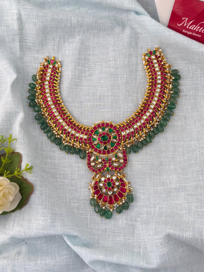 Jadau Kundan Moon Shaped Necklace Peacock Pendant Premium | N1177 - Mahilas