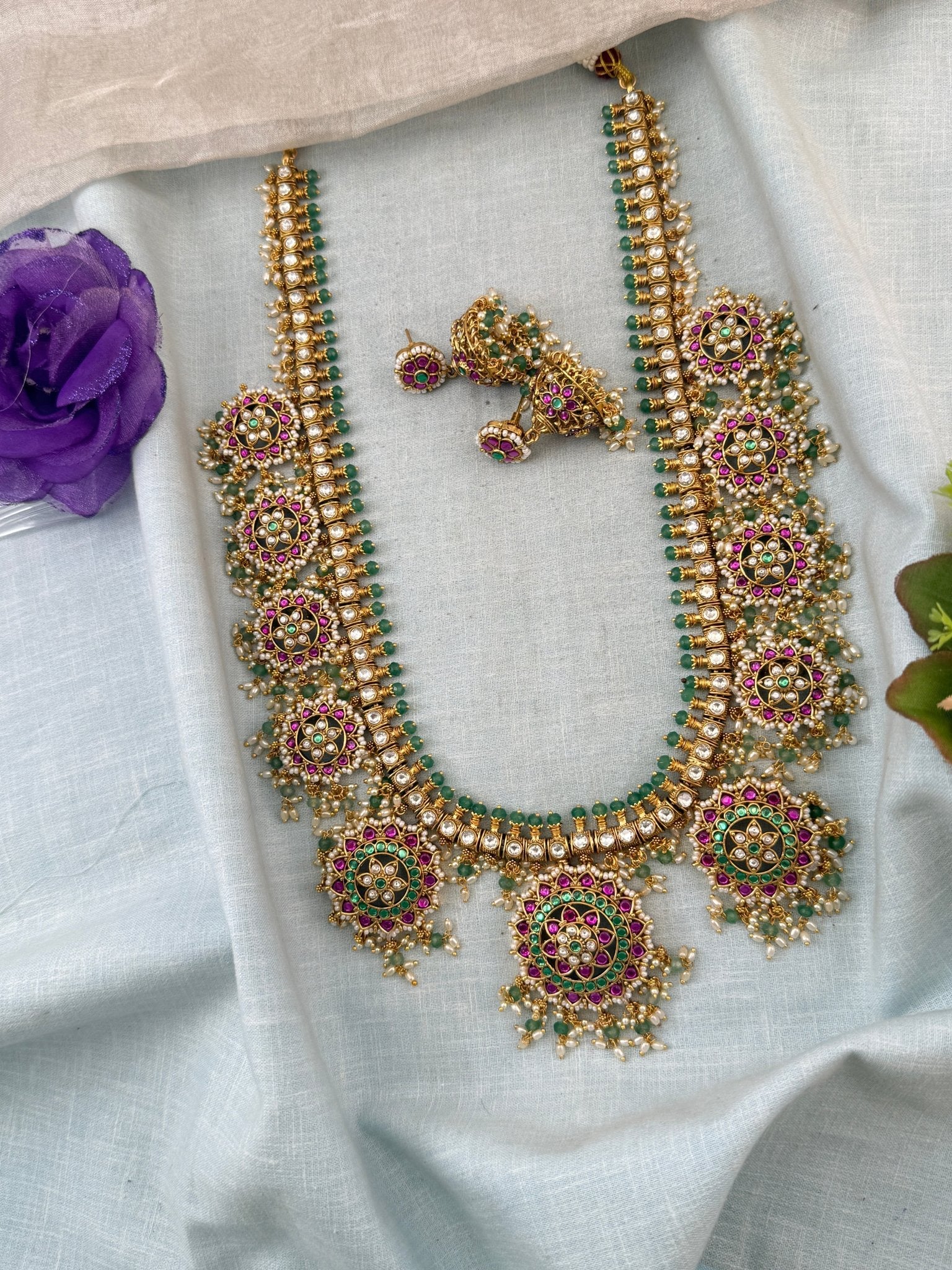 Jadau Kundan Necklace Bottumala Style Royal Long Set | N0008 - Mahilas