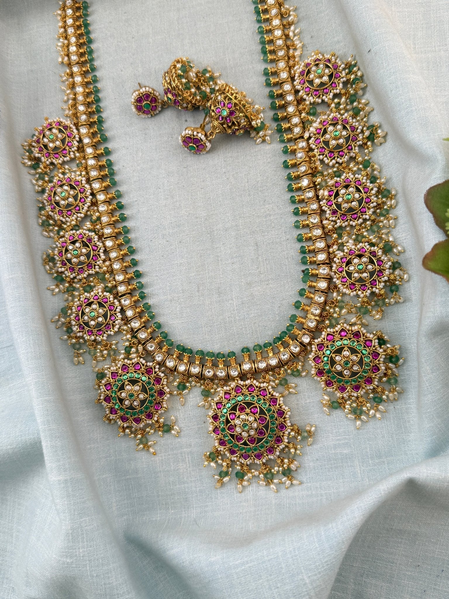 Jadau Kundan Necklace Bottumala Style Royal Long Set | N0008 - Mahilas