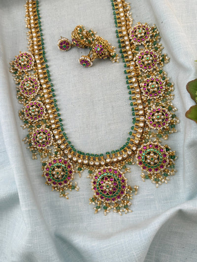 Jadau Kundan Necklace Bottumala Style Royal Long Set | N0008 - Mahilas