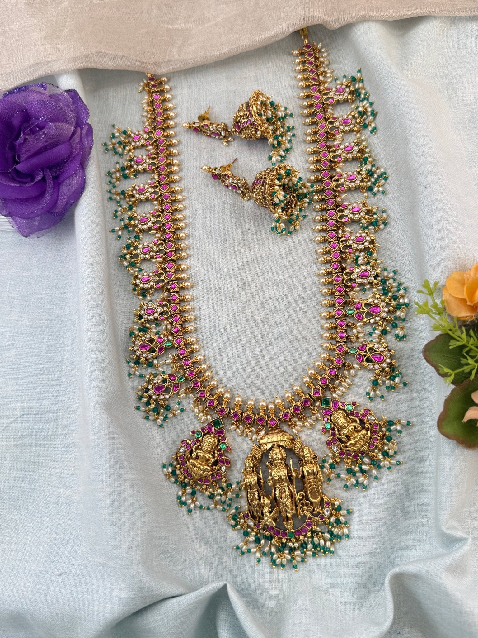 Jadau Kundan Necklace Guttapusalu Style Royal Long Set | N0034 - Mahilas