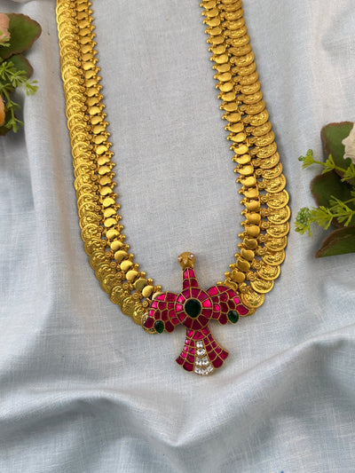 Jadau Kundan Necklace Kaasu Garuda Pendant Royal Long Set | 0003 - Mahilas