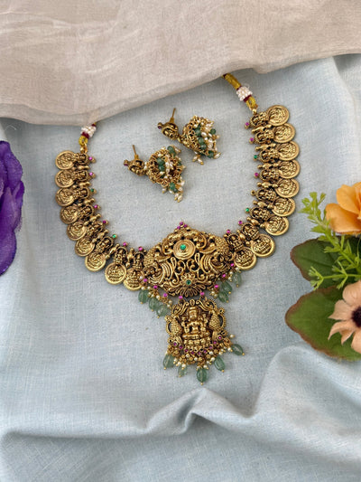 Jadau Kundan Necklace Kaasu Pendant Royal Short Set | N0019 - Mahilas
