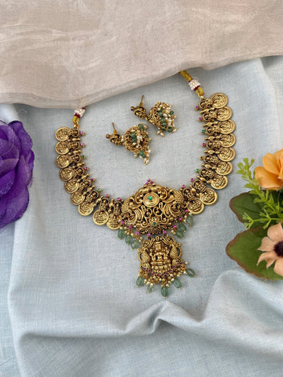 Jadau Kundan Necklace Kaasu Pendant Royal Short Set | N0019 - Mahilas