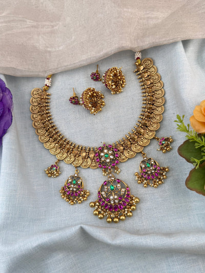 Jadau Kundan Necklace Kaasu Pendant Royal Short Set | N0025 - Mahilas