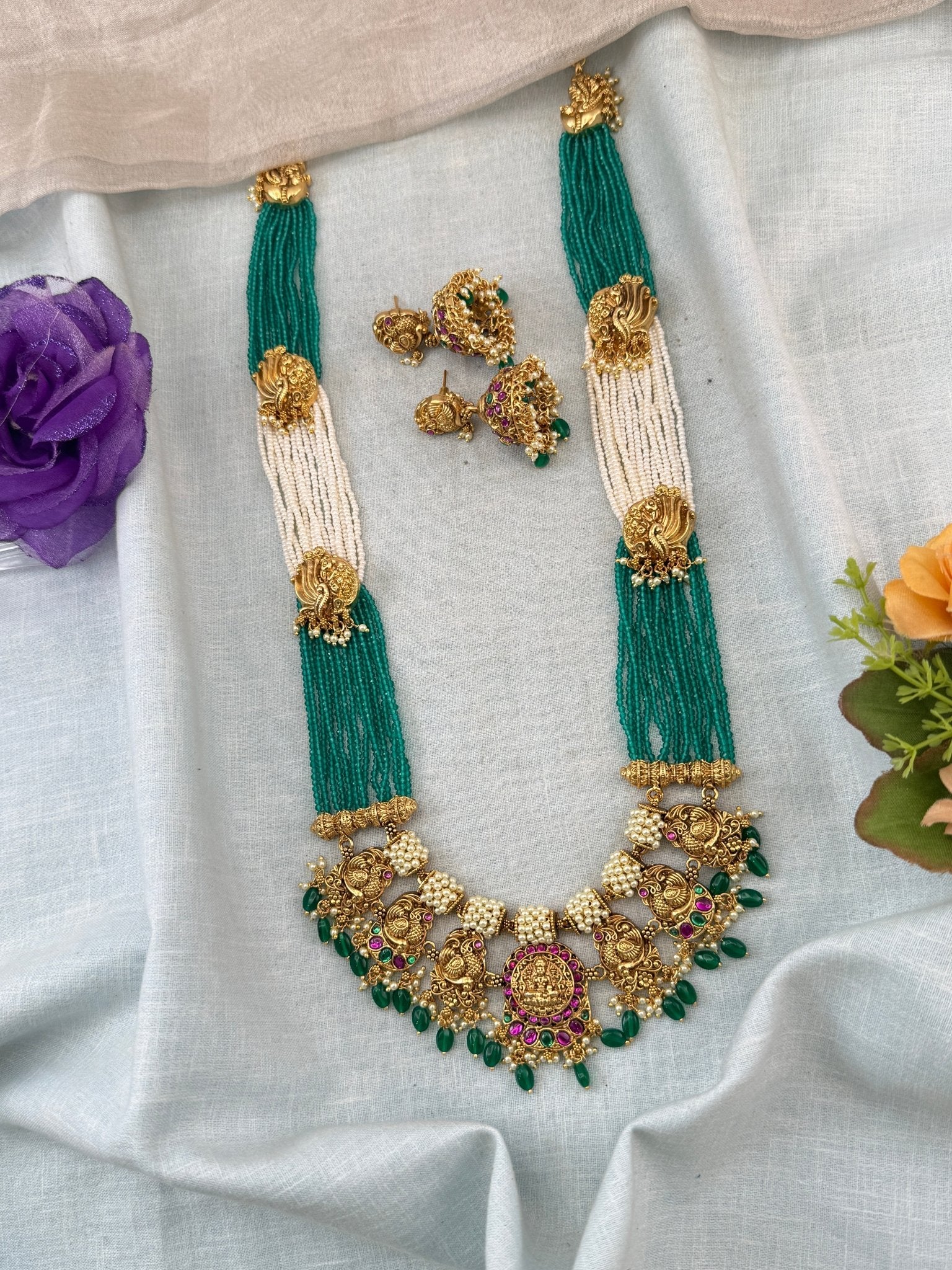 Jadau Kundan Necklace Layer Beads Peacock Grand Set | N0038 - Mahilas