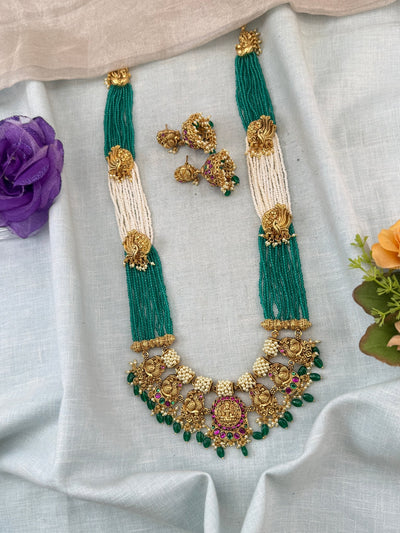 Jadau Kundan Necklace Layer Beads Peacock Grand Set | N0038 - Mahilas