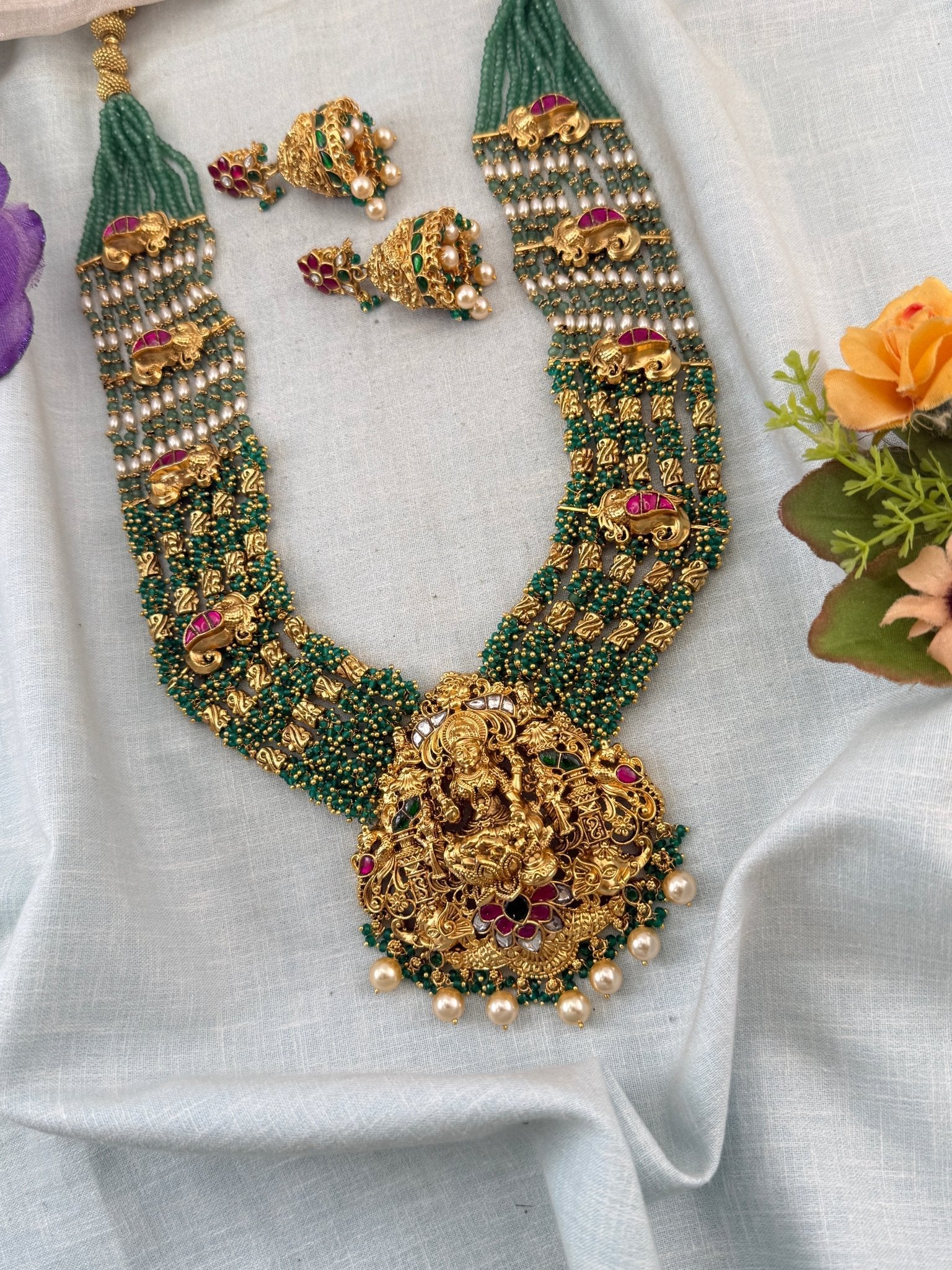 Jadau Kundan Necklace Layer Beads Pendant Grand Set | N0036 - Mahilas