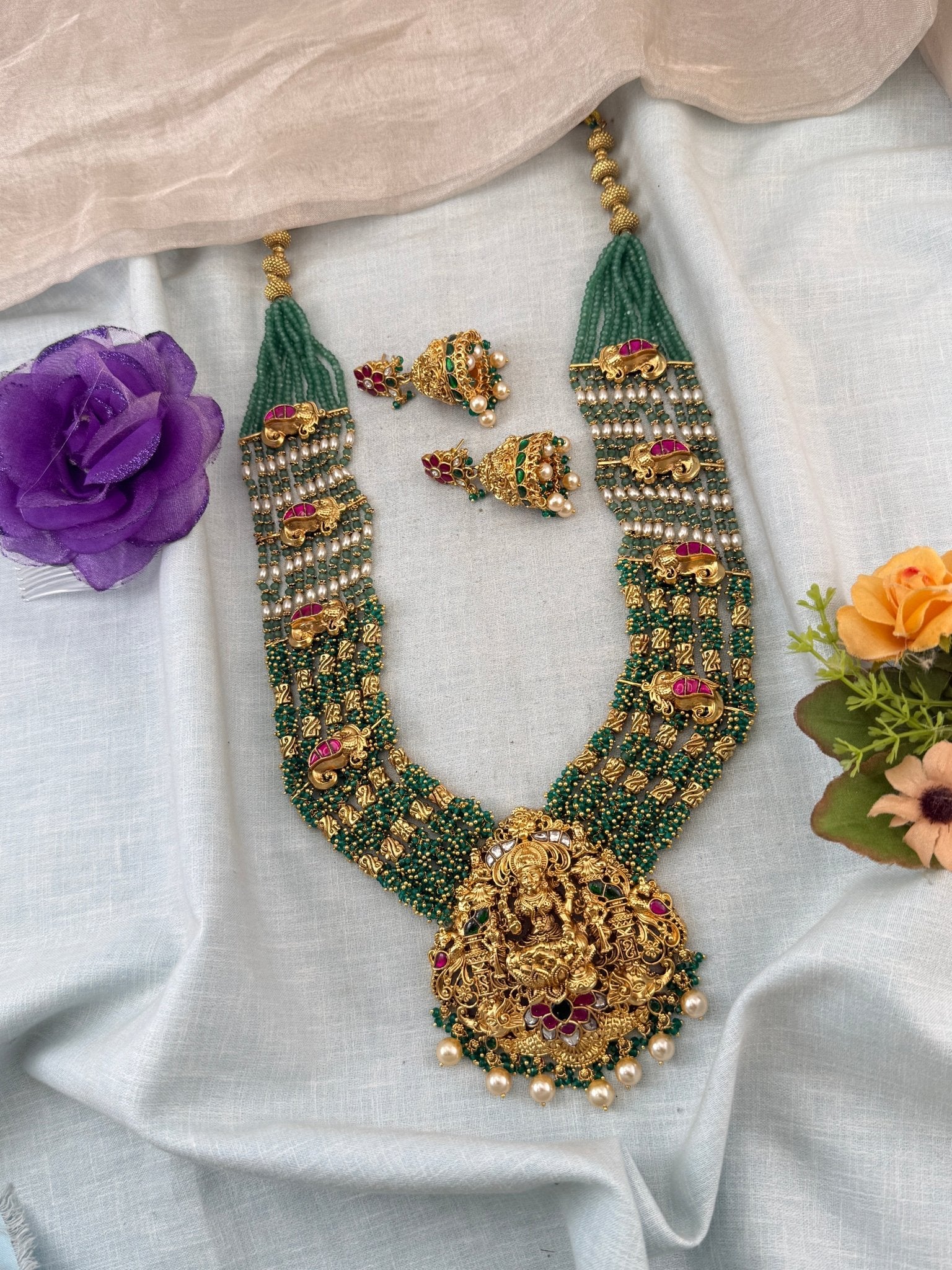Jadau Kundan Necklace Layer Beads Pendant Grand Set | N0036 - Mahilas