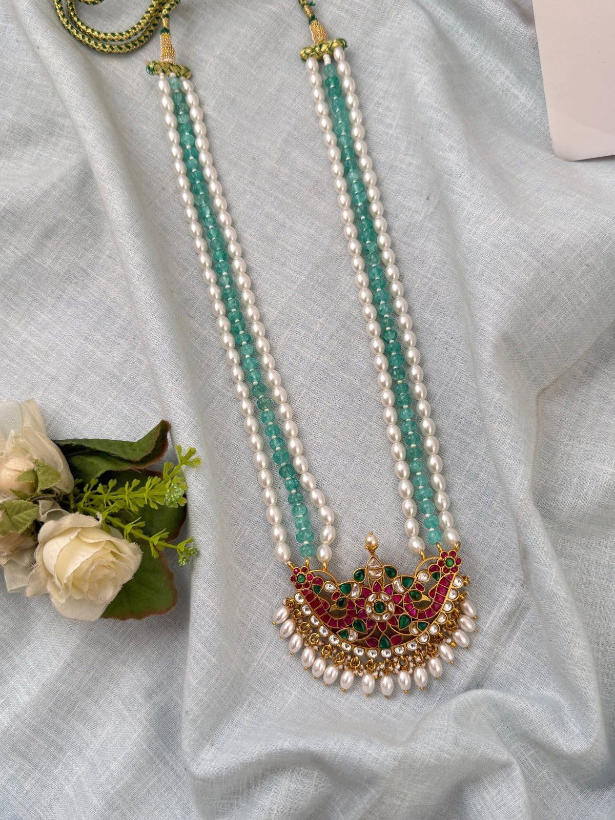 Jadau Kundan Necklace Layer Grand Pendant Premium Long Set | N0547 - Mahilas