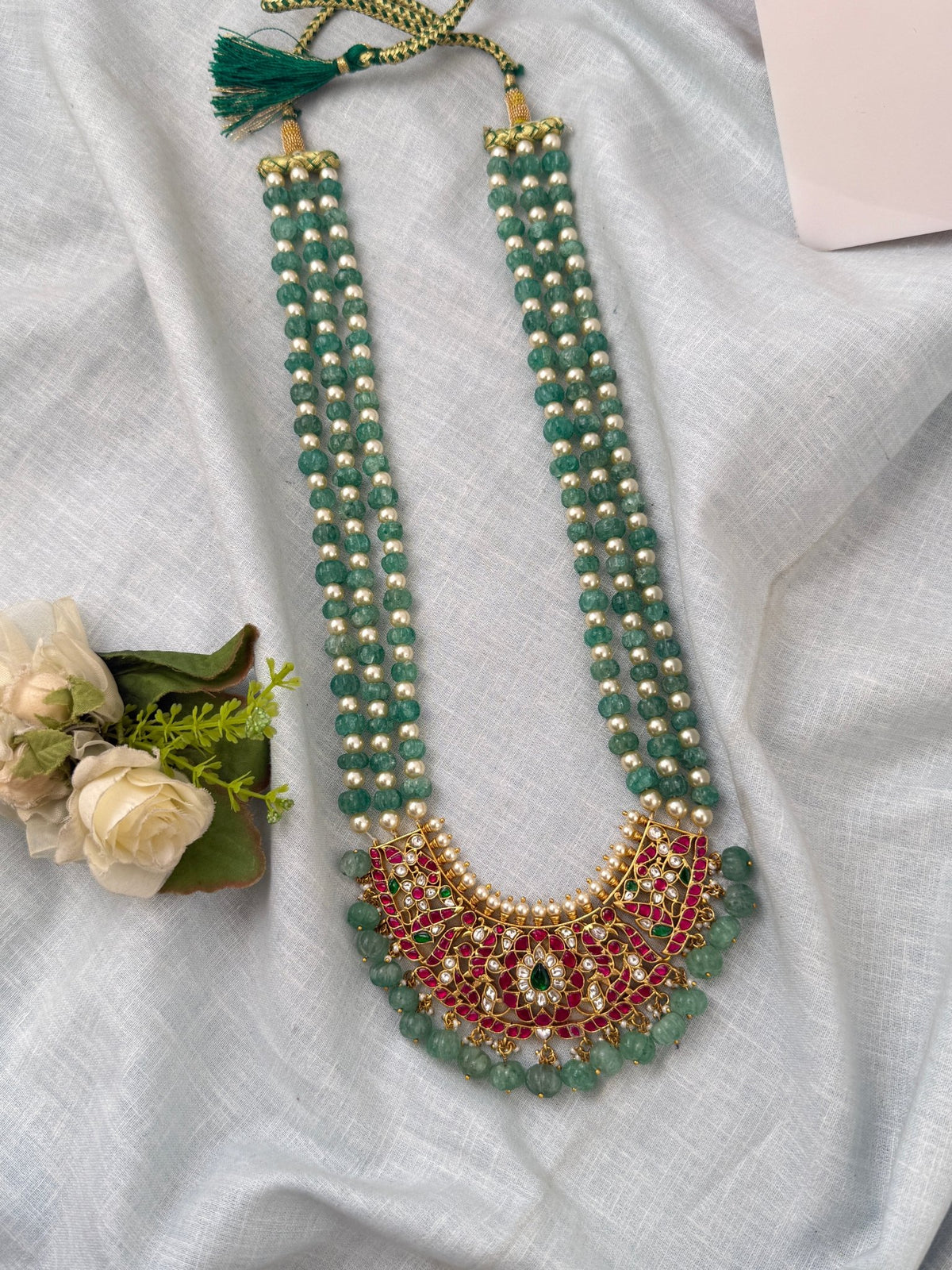 Jadau Kundan Necklace Layer Grand Pendant Premium Long Set | N0548 - Mahilas