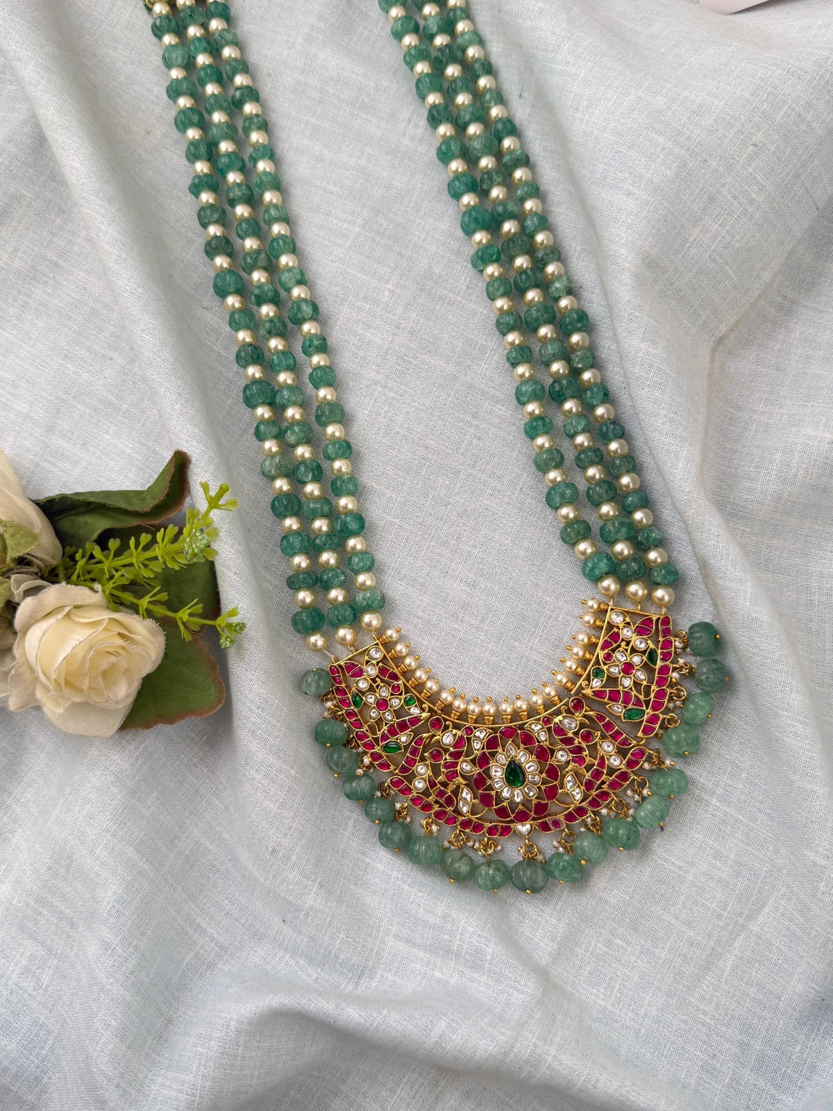 Jadau Kundan Necklace Layer Grand Pendant Premium Long Set | N0548 - Mahilas