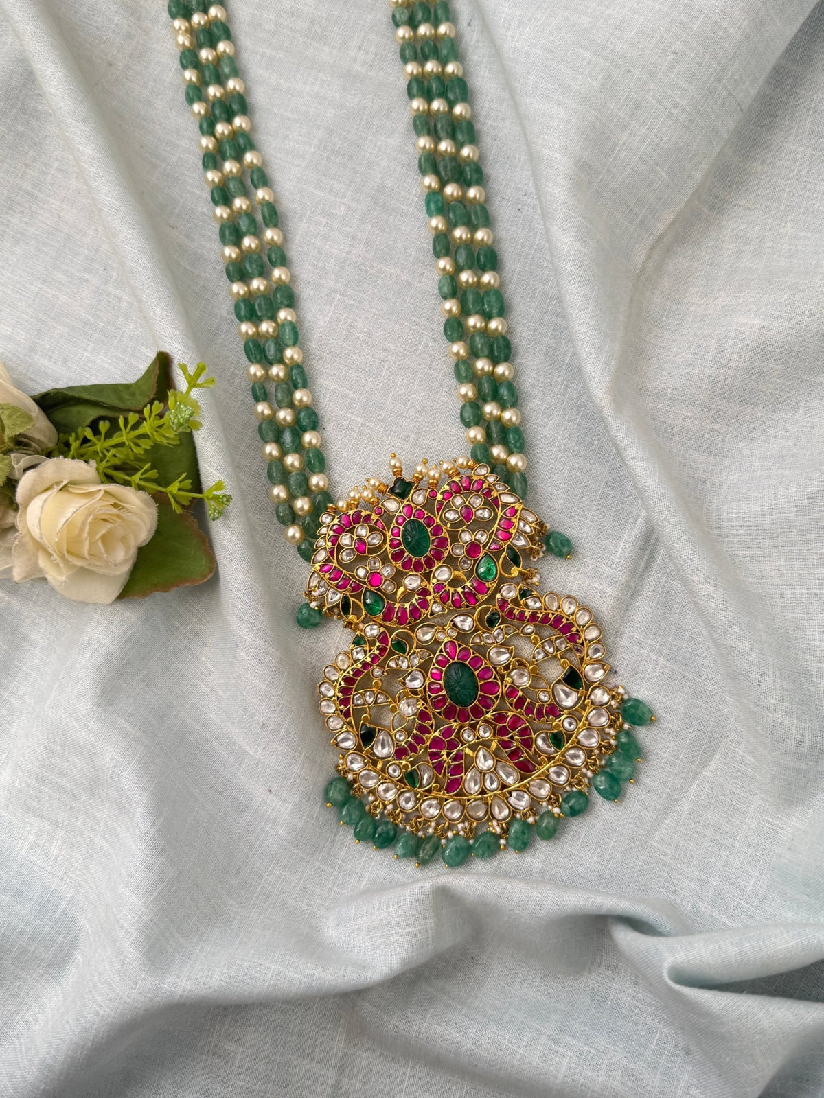 Jadau Kundan Necklace Layer Peacock Pendant Premium Long Set | N0550 - Mahilas