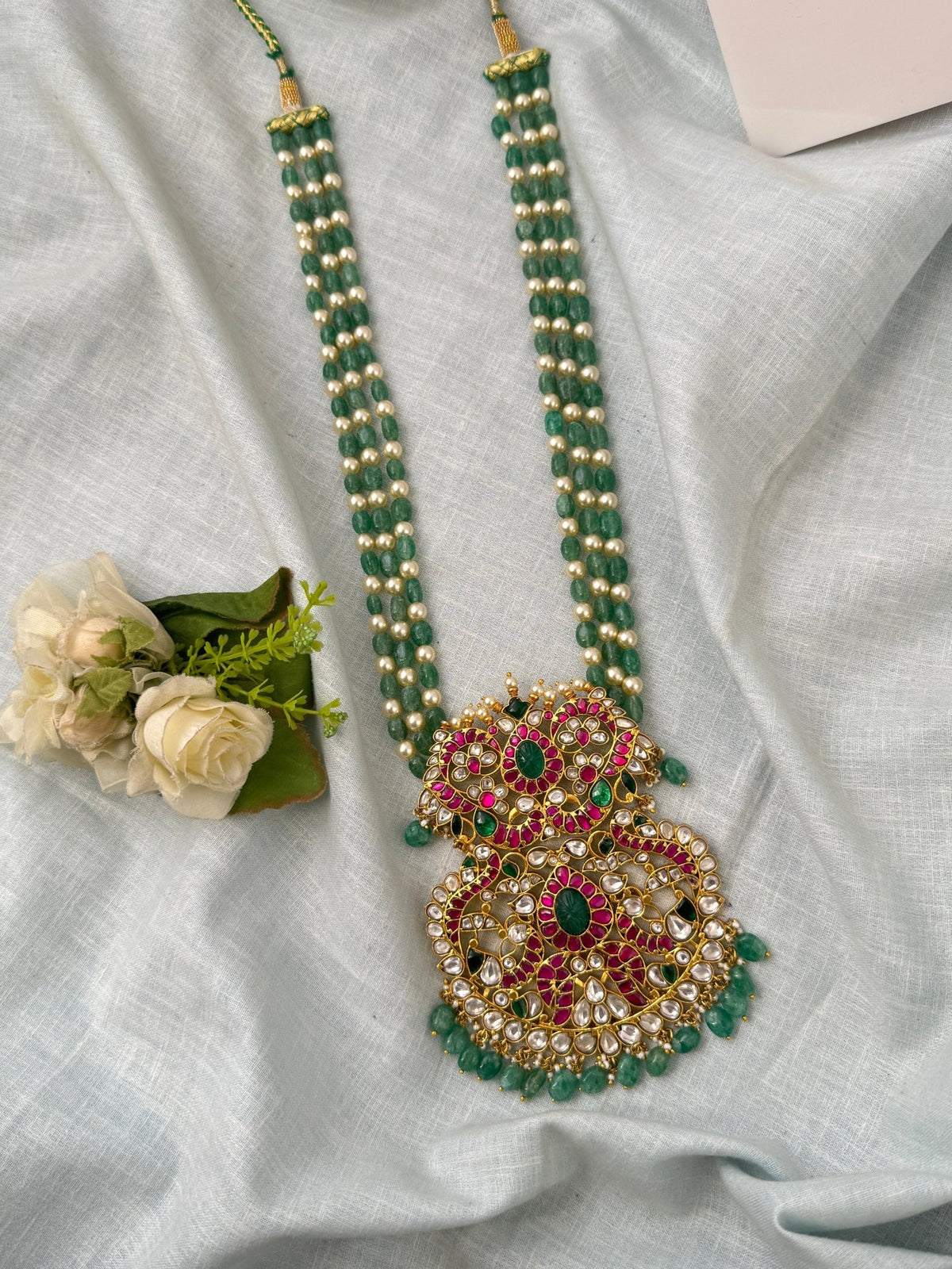 Jadau Kundan Necklace Layer Peacock Pendant Premium Long Set | N0550 - Mahilas