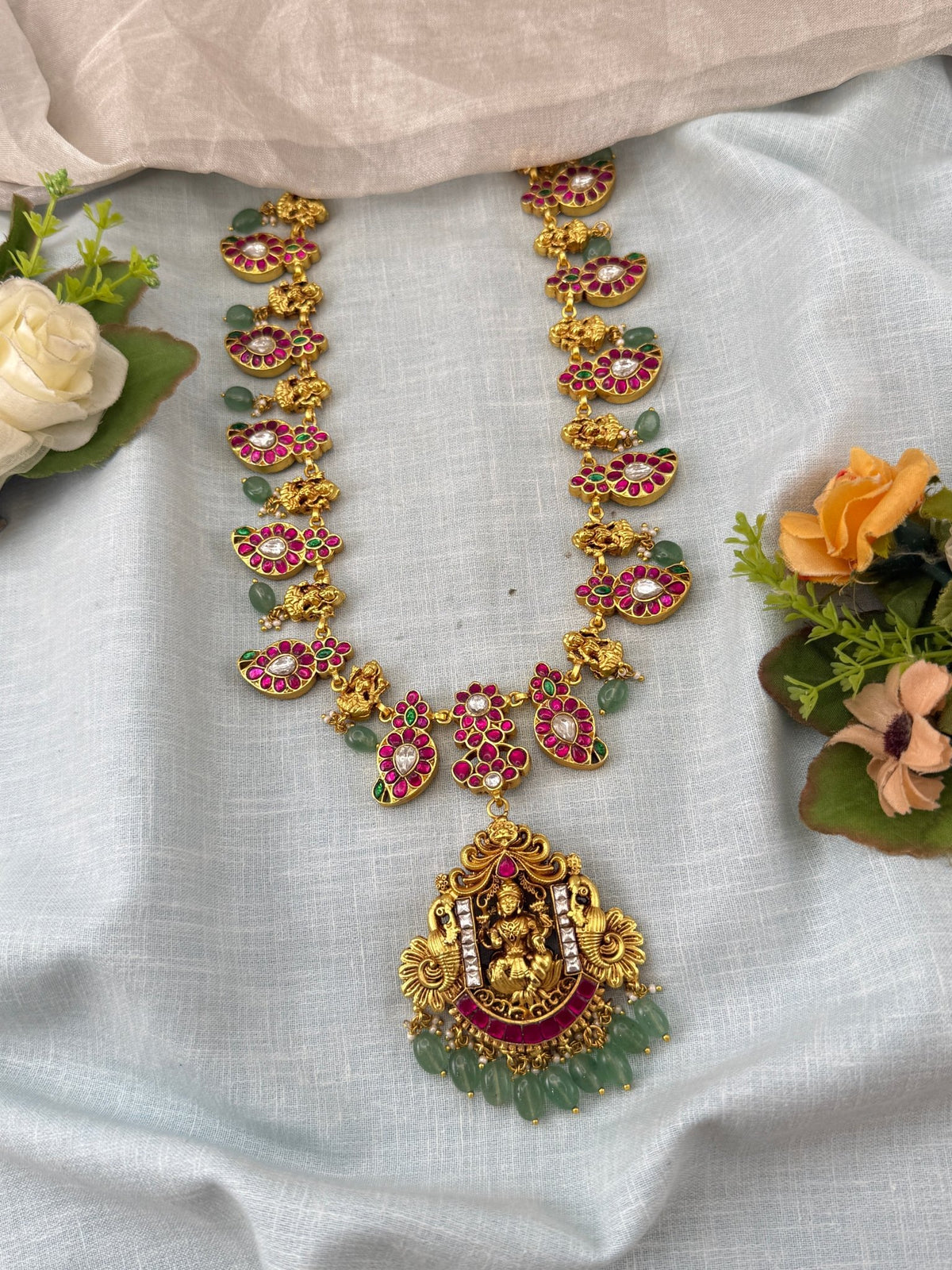 Jadau Kundan Necklace Reversible Mango Mid Long Luxury Set | N0412 - Mahilas