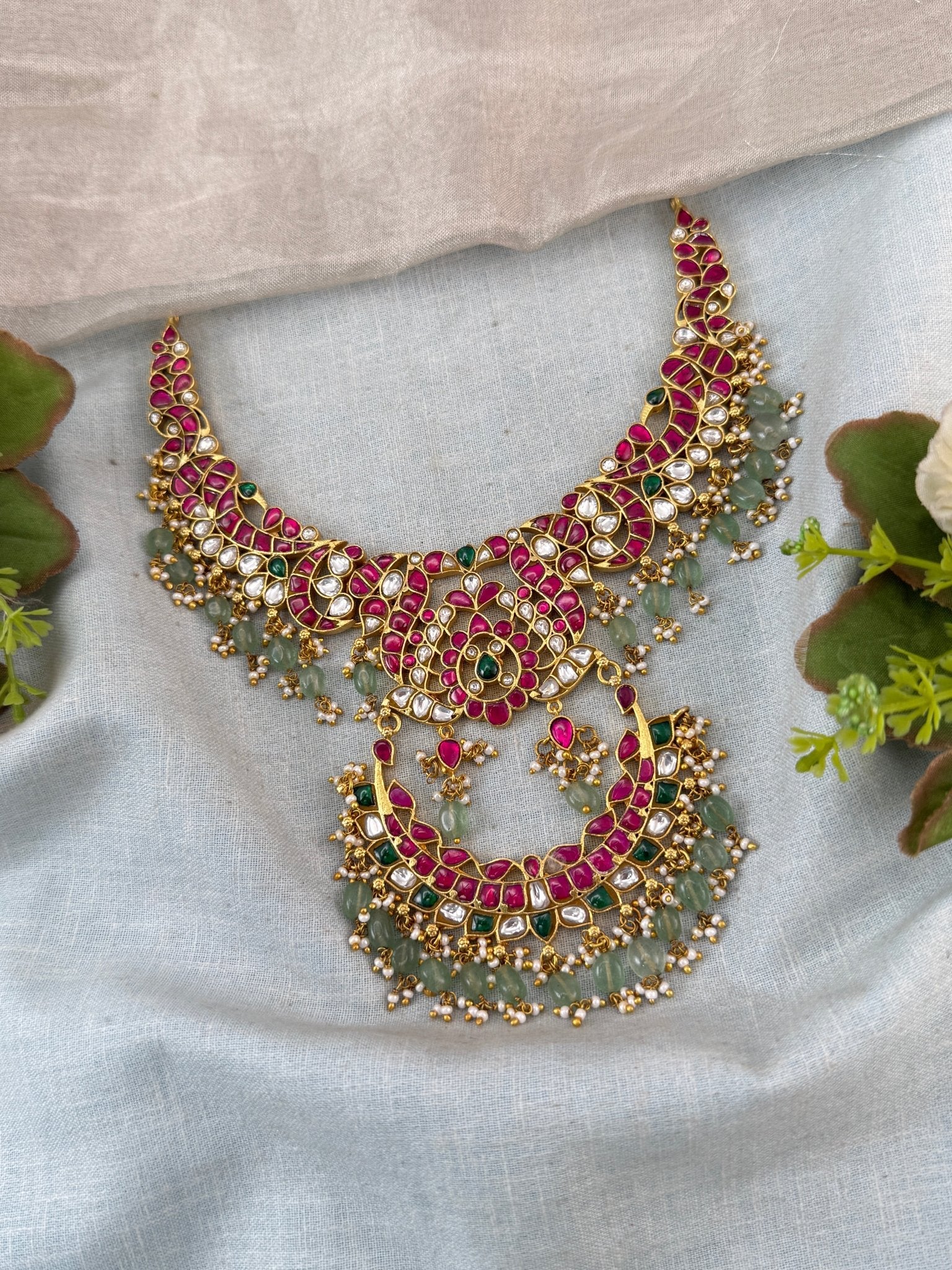 Jadau Kundan Necklace Royal Peacock Short Set | N0004 - Mahilas
