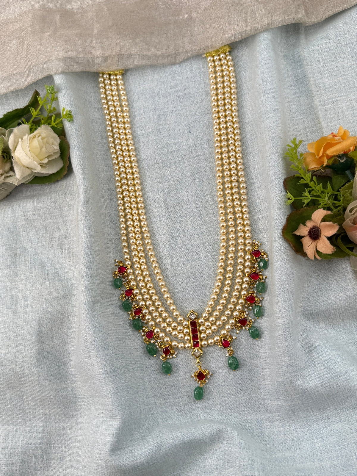 Jadau Kundan Pearl Layer Long Necklace Set Premium | N0467 - Mahilas