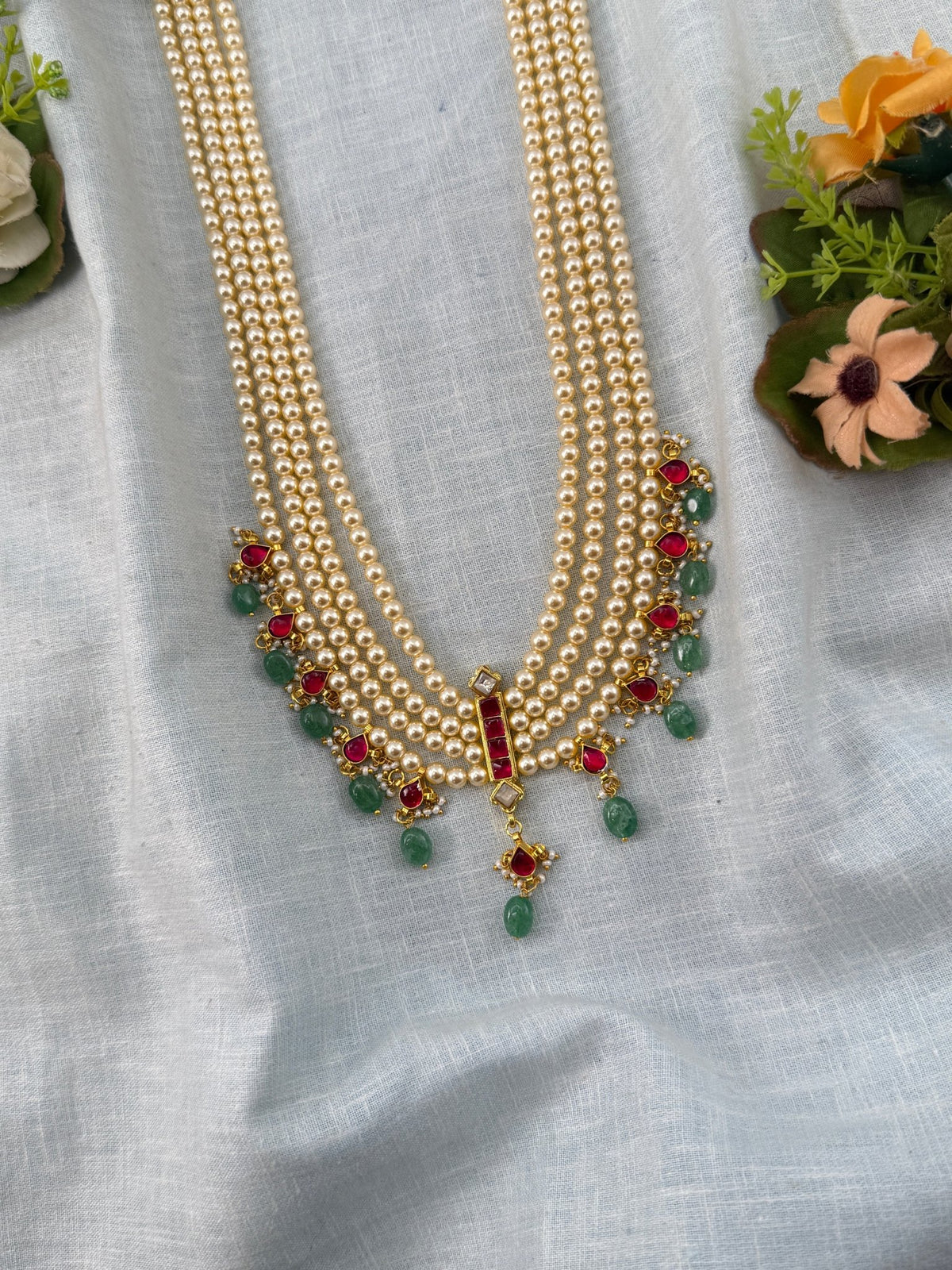 Jadau Kundan Pearl Layer Long Necklace Set Premium | N0467 - Mahilas