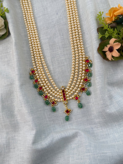 Jadau Kundan Pearl Layer Long Necklace Set Premium | N0467 - Mahilas