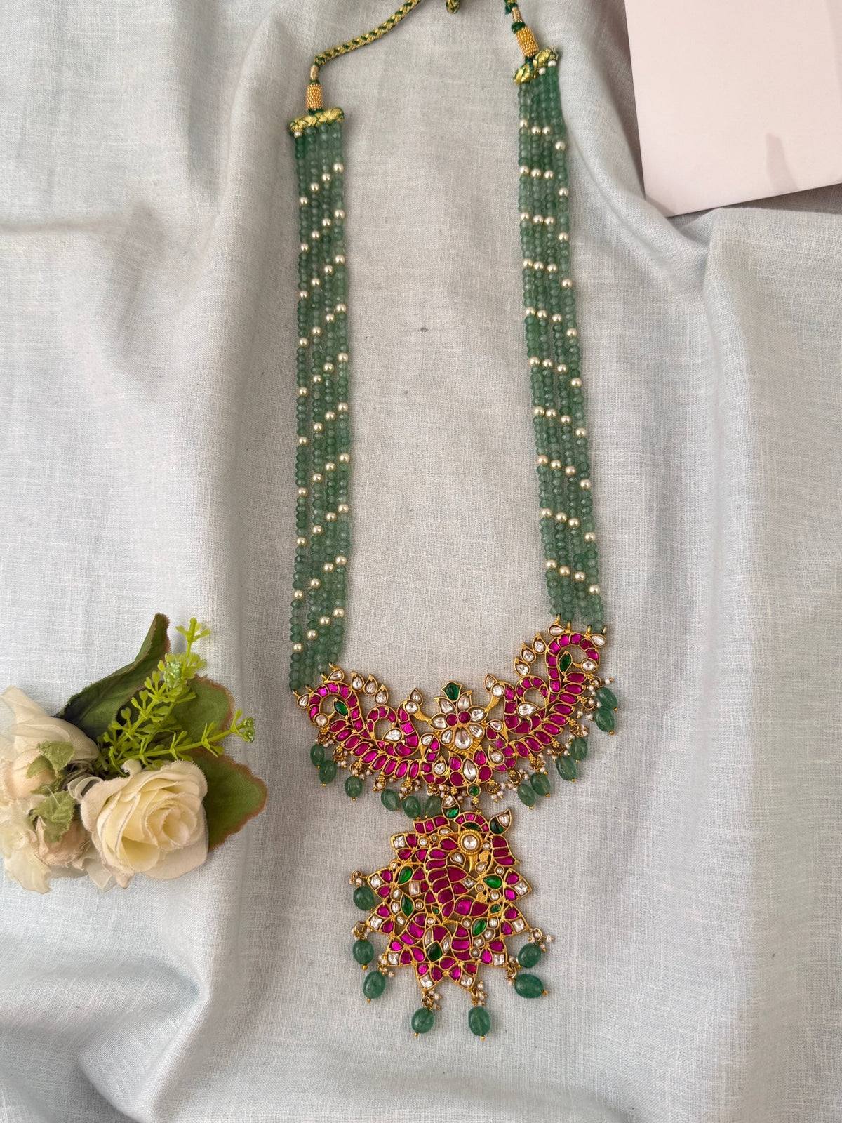 Jadau Kundan Pearl Necklace Peacock Pendant Premium | N0753 - Mahilas