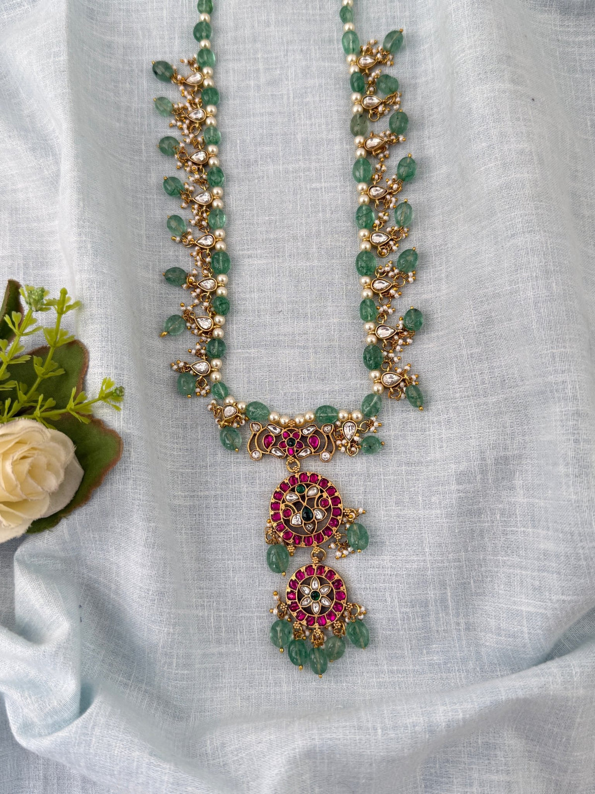 Jadau Kundan Pearl Necklace Premium Long | N1180 - Mahilas