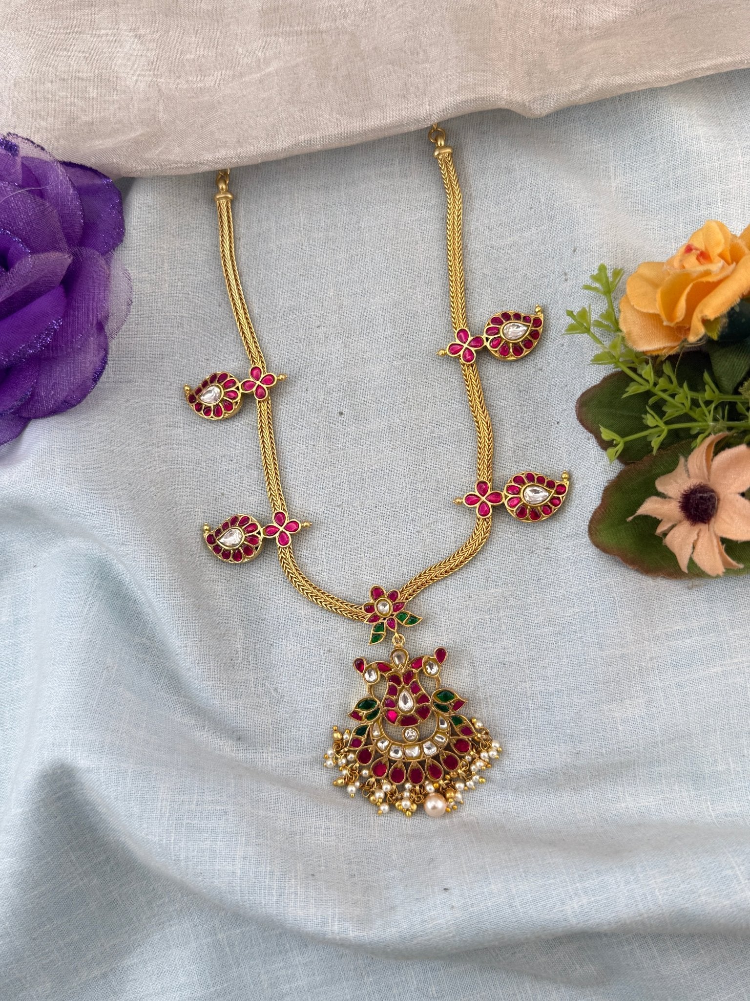 Jadau Necklace Gandaberunda Mango Chain Short Set | N0042 - Mahilas