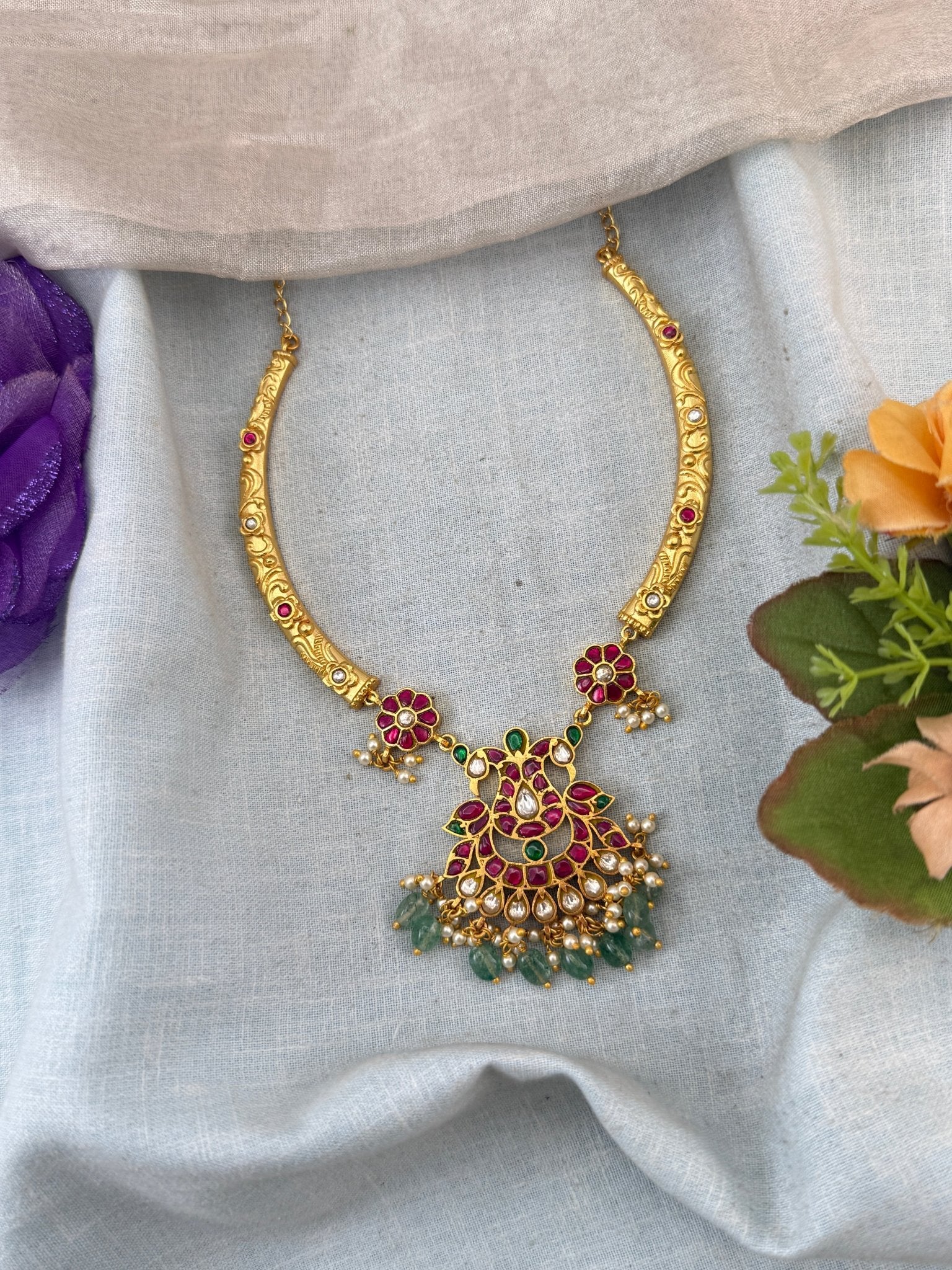 Jadau Necklace Gandaberunda Pendant Kanti Set | N0045 - Mahilas