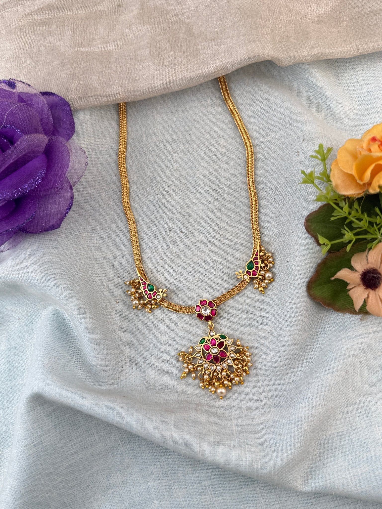 Jadau Necklace Peacock Pendant Chain Short Set | N0043 - Mahilas