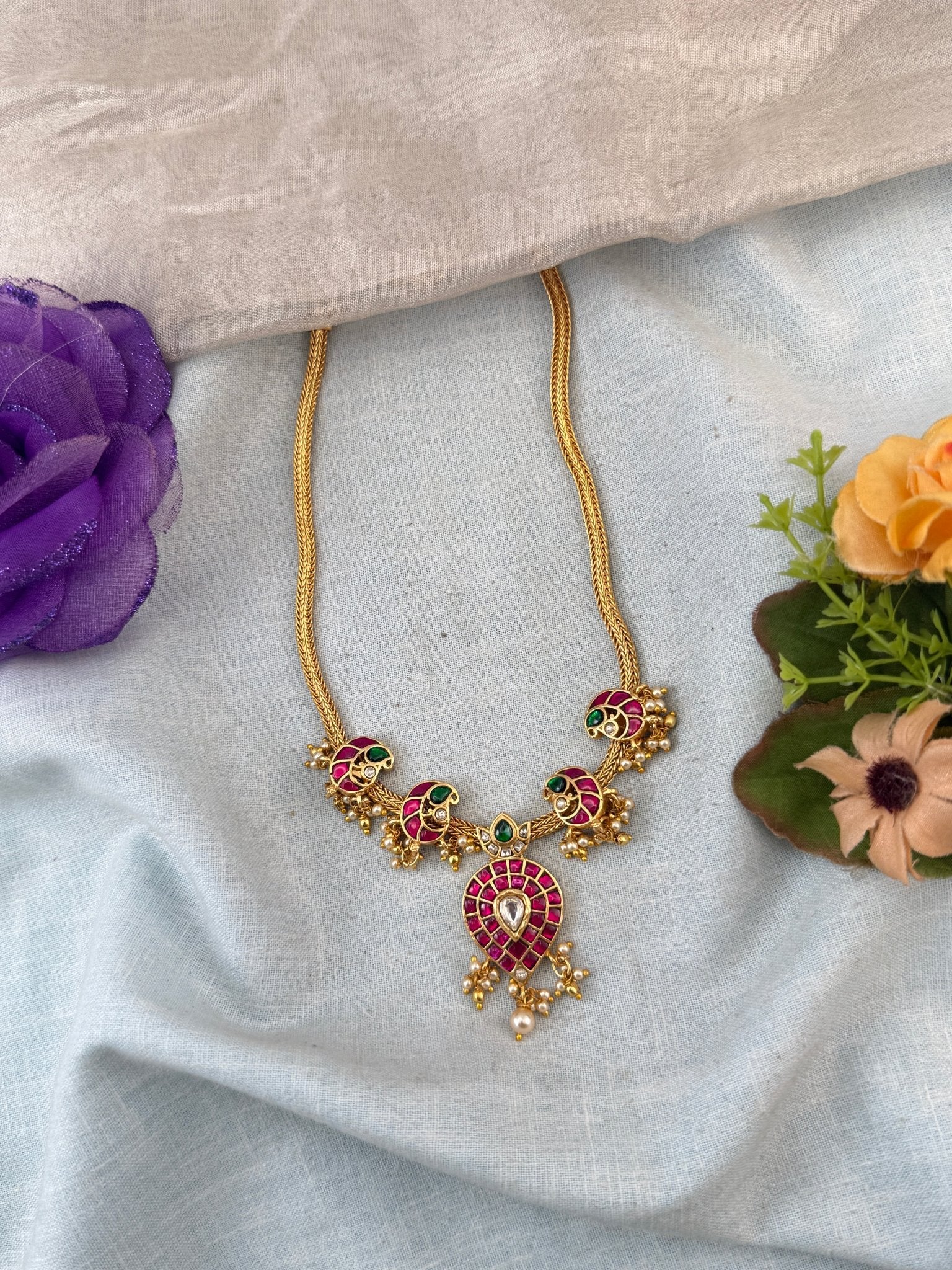 Jadau Necklace Peacock Pendant Short Set | N0048 - Mahilas