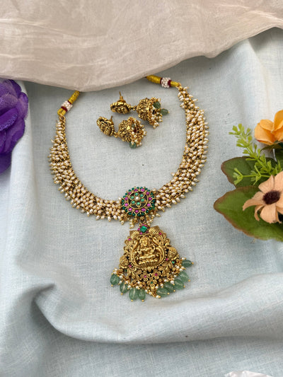 Jadau Necklace Pearl Pendant Royal Short Set | N0030 - Mahilas