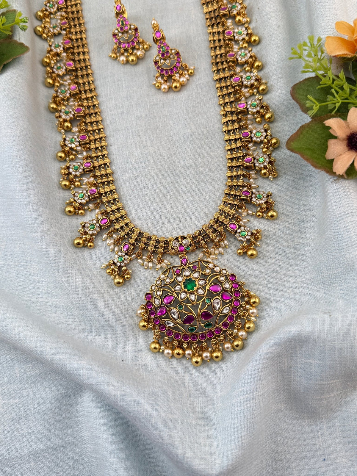 Jadau Pendant Neklace Pearl Long Set | N0023 - Mahilas