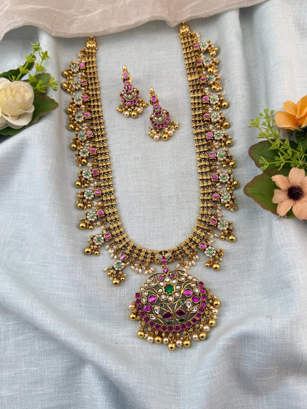 Jadau Pendant Neklace Pearl Long Set | N0023 - Mahilas