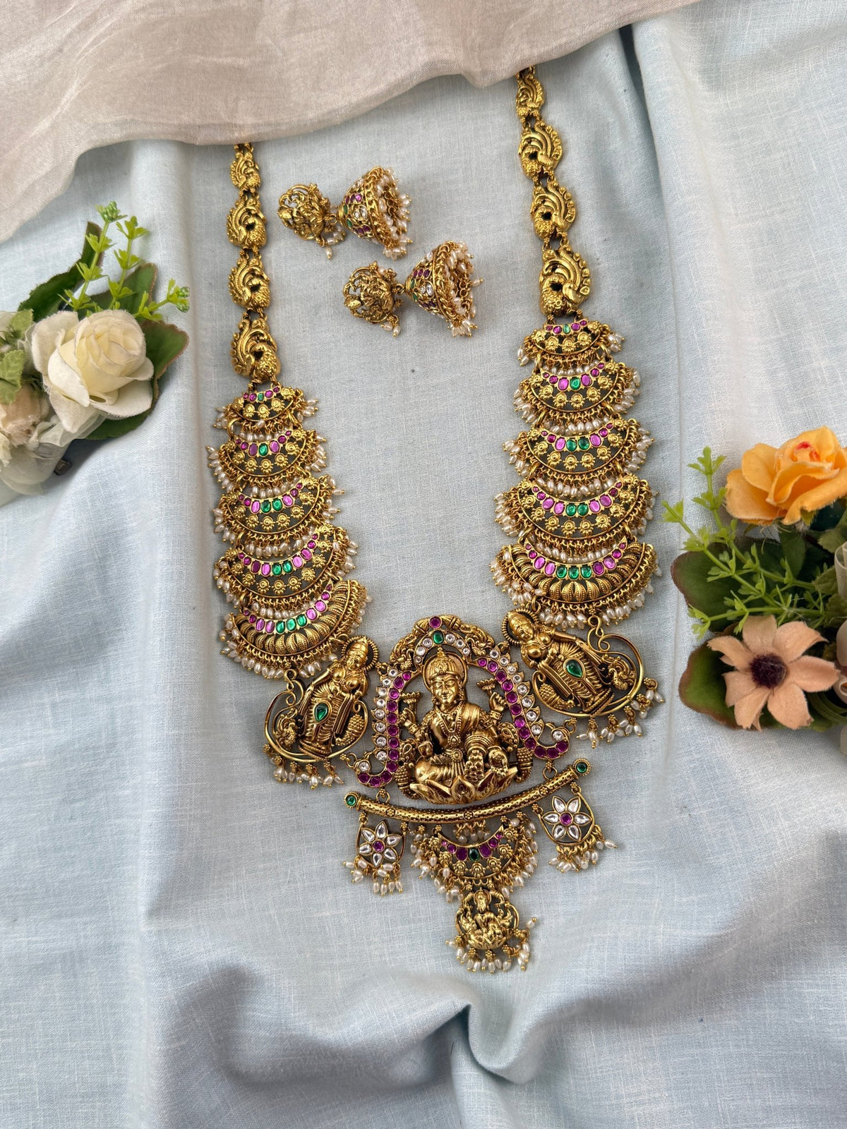 Jadau Premium Lakshmi Necklace Temple Long Set | N0022 - Mahilas
