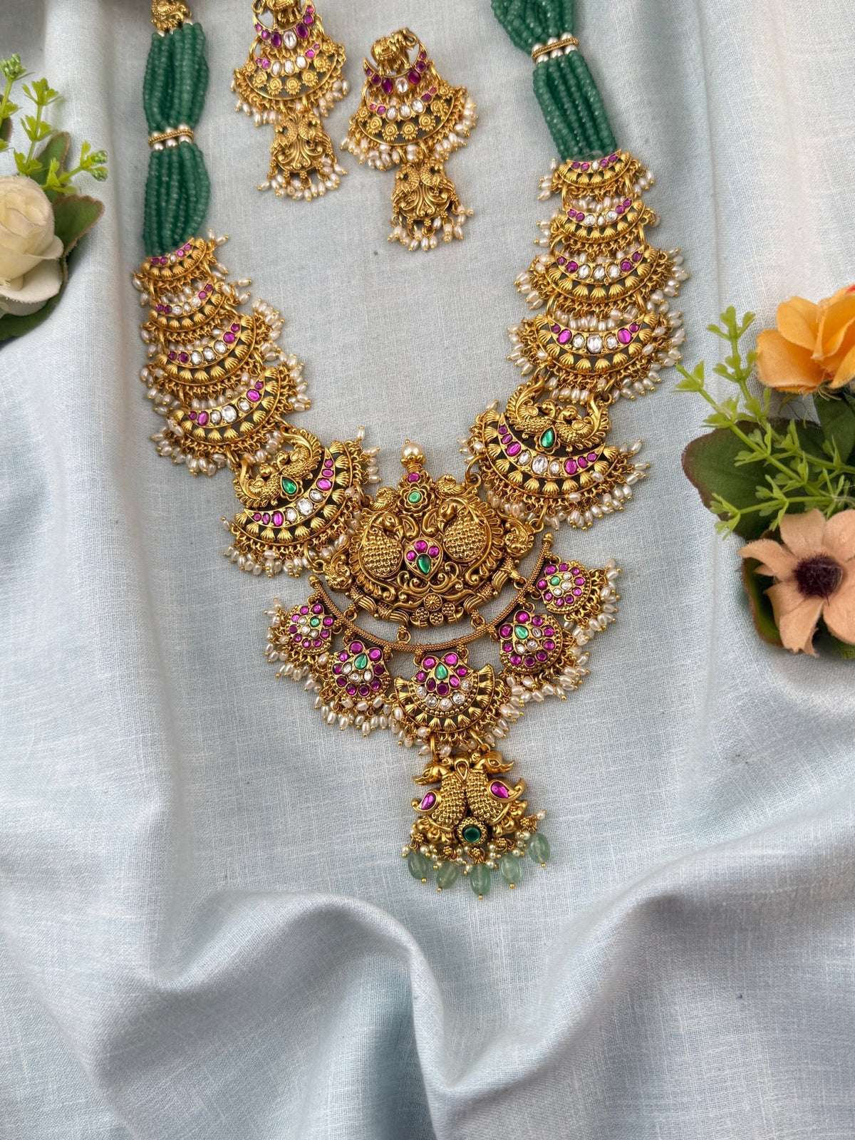 Jadau Premium Necklace Layered Peacock Temple Long Set | N0028 - Mahilas