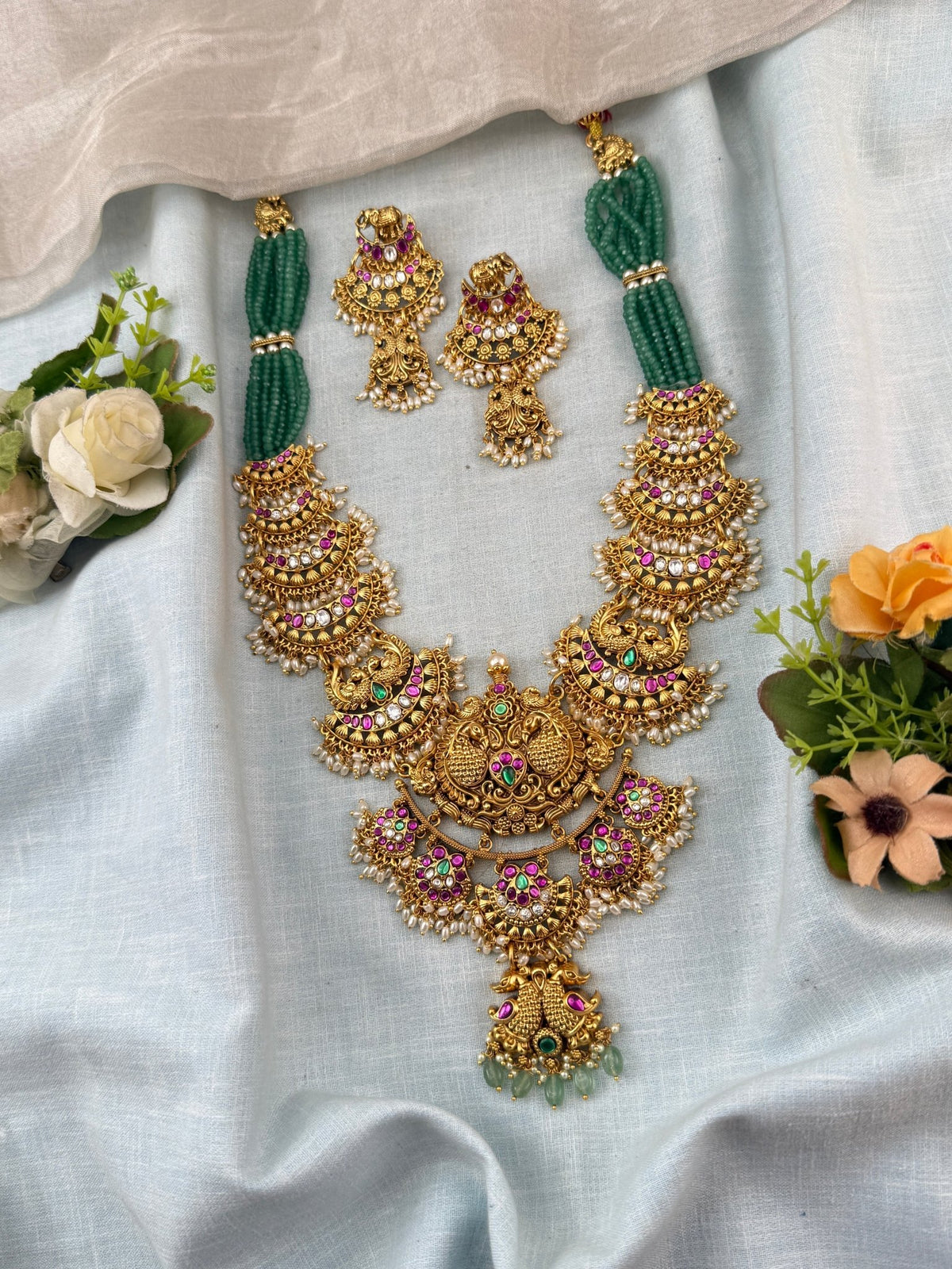 Jadau Premium Necklace Layered Peacock Temple Long Set | N0028 - Mahilas