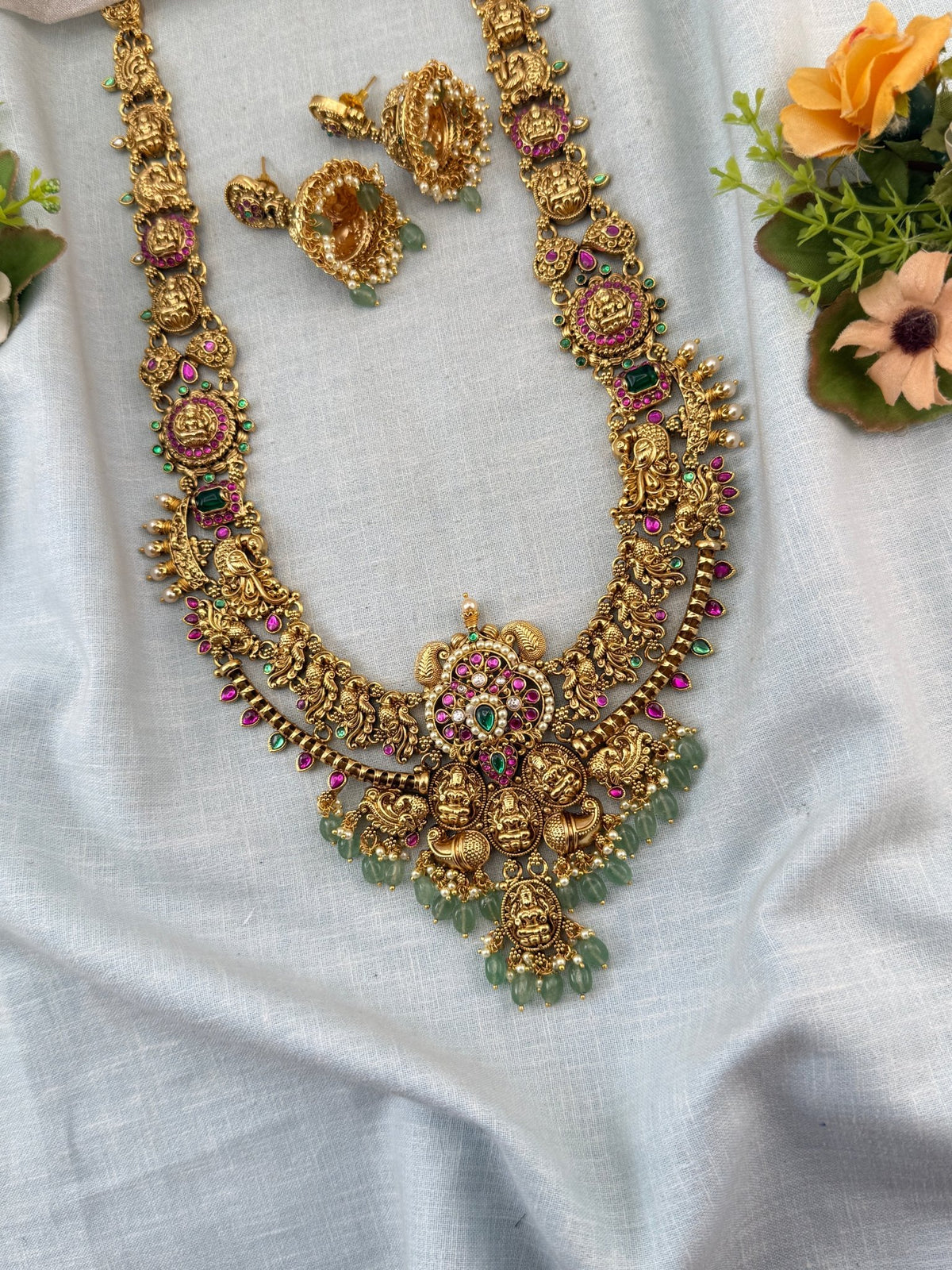 Jadau Premium Necklace Temple Long Set | N0031 - Mahilas