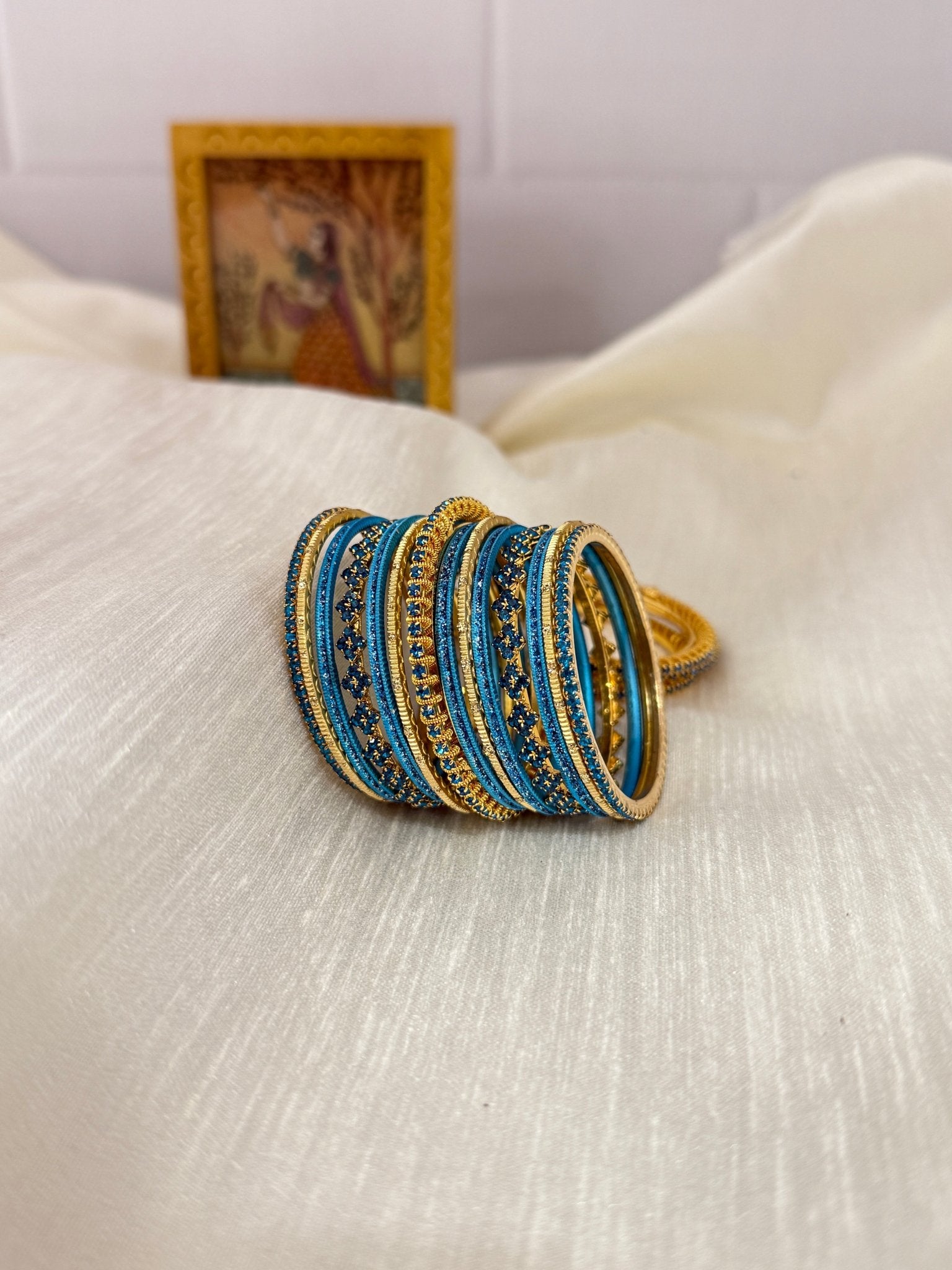 Kids Size Blue And Gold Metal & Stone Bangle Set - 5152 - Mahilas