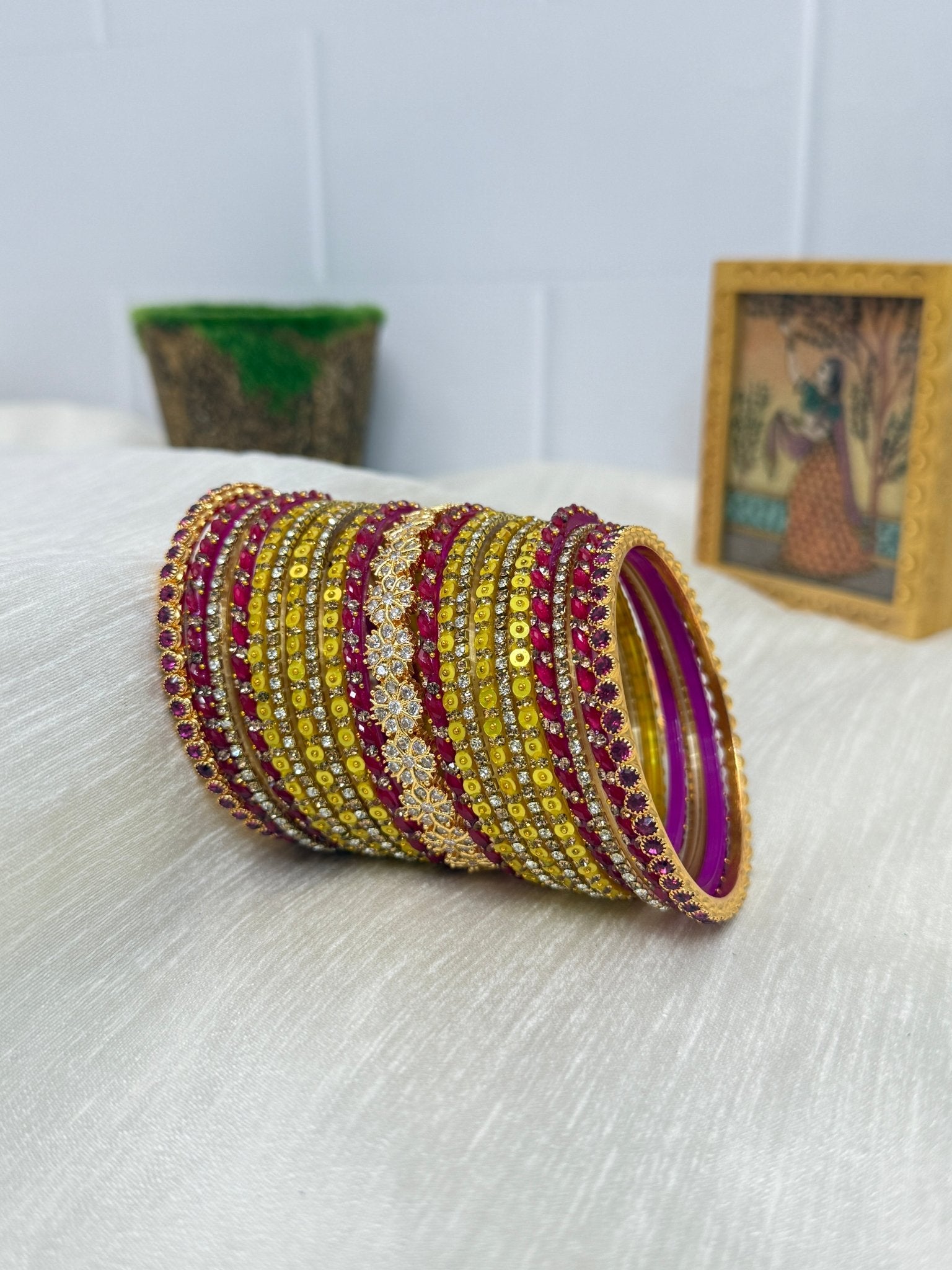 Lemon Yellow and Rani Pink Glass & Stone Bangle Set - 5119 - Mahilas